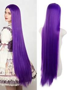 40英寸超长直发cosplay假发，中分，万圣节假发，耐热合成假发，女士款 - 紫色 - 查看 3