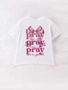 休闲柔软圆领T恤，饰有蝴蝶结标语印花，夏季 - 白色 - 查看 7