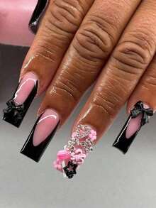 24 piezas Pegatinas de uñas rectangulares extra largas de lujo, decoradas con mariposas doradas 3D y patrones de rhinestones, tonos cálidos de champán, cobertura completa, adecuadas para mujeres, niñas, fiestas, baile, fáciles de aplicar y retirar - Multicolor 14 - Ver 13