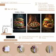 Set de 3 carteles de lienzo creativos sin marco, pintura de hamburguesa y pizza, pintura de lienzo, obra de arte de pared, adecuada para decoración del hogar, decoración de habitación, decoración de dormitorio, decoración de sala de estar, decoración de cocina, decoración de pared, arte de pared opcional con marco