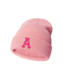 1 件儿童针织帽，26 个字母图案，纯色针织帽，女童儿童帽，户外保暖帽，秋冬 - 粉色 - 查看 5