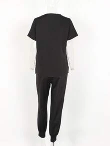 2pcs Nurse Scrubs Set, Short Sleeve Top And Pants - Black - View 4