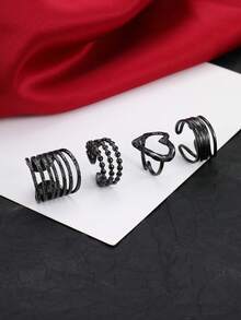 4 pezzi Set di anelli in acciaio inossidabile nero con texture martellata, stile gotico, a più strati con perline e cuori, adatto come decorazione o regalo di Ognissanti per le donne - nero - Visualizzare 3