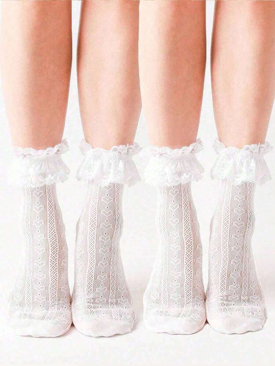1 Pair Of Women's Solid Color Romantic Ruched Lace Edge Heart-Shaped Ankle Socks Cute Hollow Mesh Style Lace Trim Heart Socks Suitable For School, Parties, Daily Wear, Gift-Worthy Halloween Gift Halloween Decoration Socks Christmas Decoration Back-To-School Season Travel Season Valentine's Day Autumn - 彩色 - 查看 1