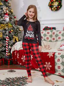 2pcs/Set Girls Christmas Family Matching Snug Fit Pajamas, Fun Letter & Christmas Tree Plaid Print Long Sleeve Top And Pants, Soft & Comfortable Sleepwear Set, Holiday Gift, Party Pajamas, Autumn/Winter