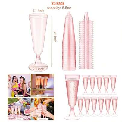 Champagne Flutes Plastic, 25 Pack Wine Glasses, Disposable Champagne Glasses, 5 Oz Pink Shot Cups, New Year Party Wedding Birthday Graduation Drinking Dessert Cocktail Cups Decorations