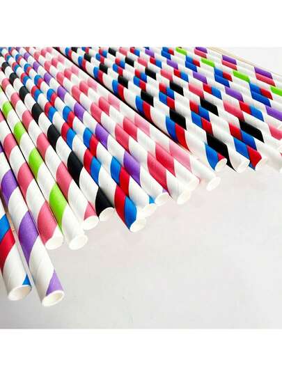 25pcs Striped Paper Straws, Disposable Tableware Straws For Summer Party, Birthday Celebration, Decoration For Fruit Tea, Juice, Milk, Bar Drinks,