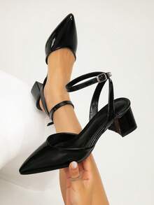 Women's New Black High Heel Shoes, Quality Pearl PU Leather, Minimalist & Versatile, Suitable For Commuting, Office, Workplace, Sexy Party, Closed Toe Backless Buckle Chunky Heel Sandals, Black, All Season - Black - View 1