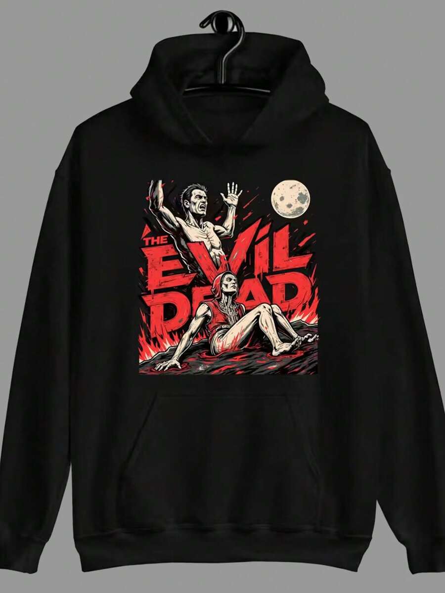 Men's Evil Dead Classic Horror Movie Hooded Sweatshirt - Vintage 80s Inspired Graphic Pullover With Evil Dead & Evil Dead II Art - Unisex Fit,  Pocket, Machine Washable - Perfect For Halloween, Spooky Season, Goth Aesthetic & Birthday Gifts For Horror Fans (Officially Inspired) - Cult Film Design With Iconic Characters & Chainsaw Scene - Relaxed Fit For Casual Wear & Movie Nights,Fall Hoodies,Men's Fall Clothes,Street Wear,Halloween,Mens Hoodies,Y2k Clothes,Jesus Hoodie,Thanksgiving Day,Nightmare Before Christmas,Christmas - Black - View 1