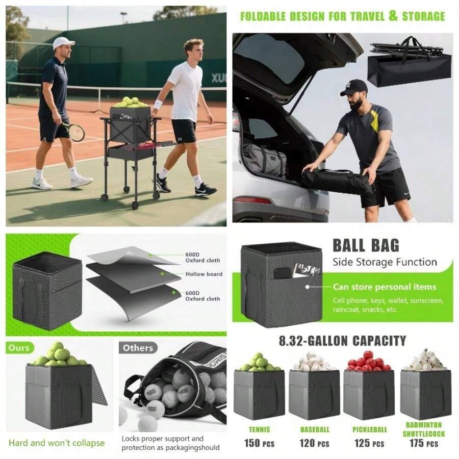 Tennis Ball Hopper With Wheels - Height Adjustable Foldable Tennis Ball Basket With Storage Bag Ball Candy 150 Pickleball Tennis - Initial - View 1