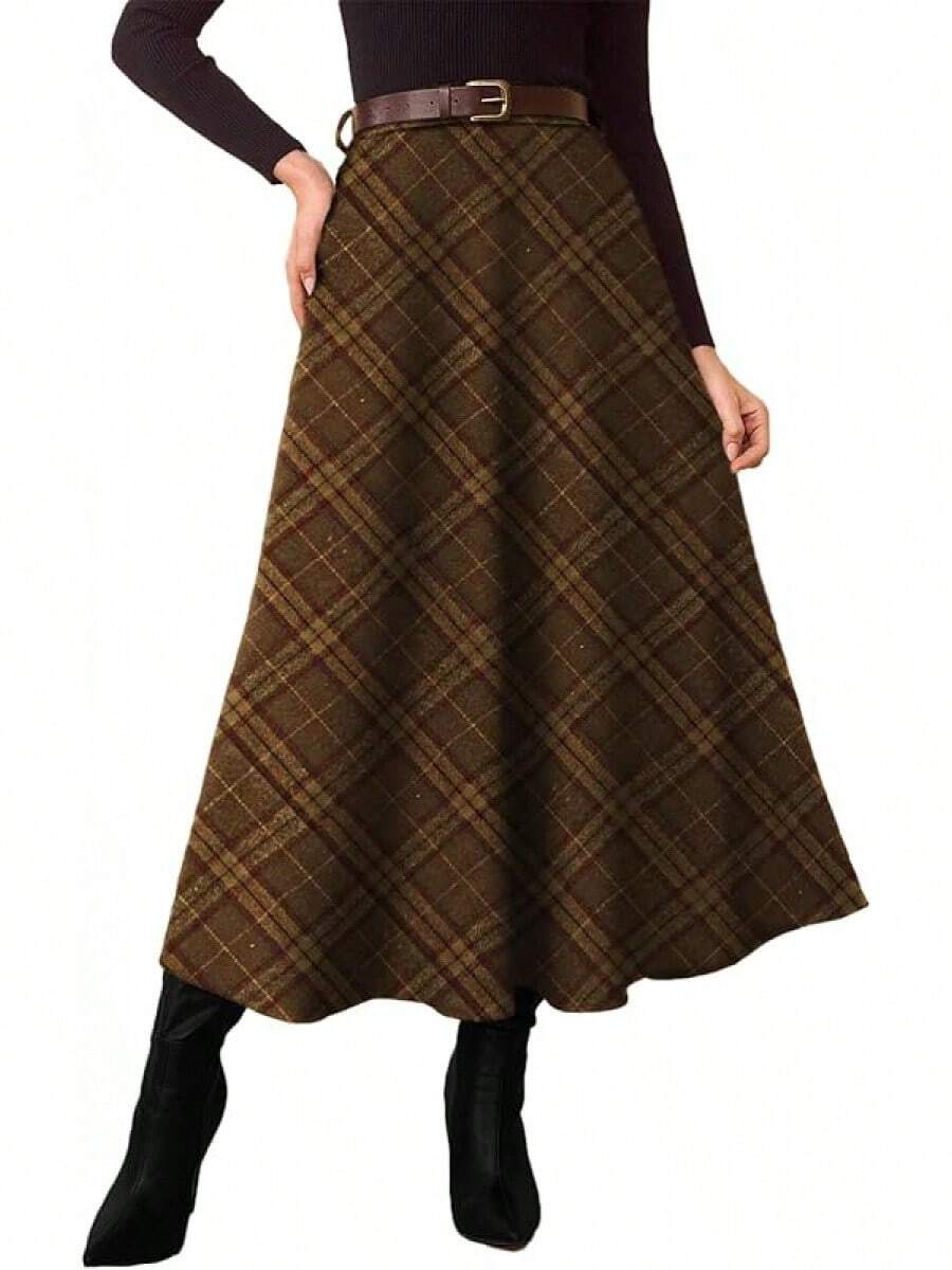 High Waisted A Line Midi Skirts Women With Pockets, Plaid, Elegant, Work Dress, Long, Wool Tartan, Flowy, Fall & Winter Skirts, Going Out Outfits Women, Coffee Color - 棕色 - 查看 1