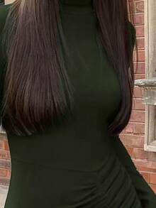 EARO 女士春夏性感高开衩褶皱紧身连衣裙，高领长袖休闲派对连衣裙，优雅 - 墨綠色 - 查看 5