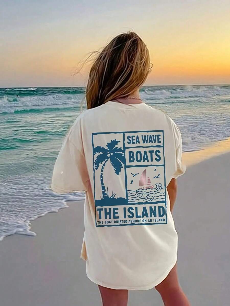 Fashion Women's Nautical Pattern Print T-Shirt - Comfortable Round Neck, Lightweight Knit Fabric, All-Season Casual Top, Perfect For Summer Parties And Casual Outfits, Four Seasons Clothing | Loose Fit T-Shirt | Breathable Material - White - View 1