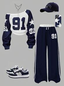 Tween Girl Numeric Print Crew Neck Sweatshirt And Sweatpants Set