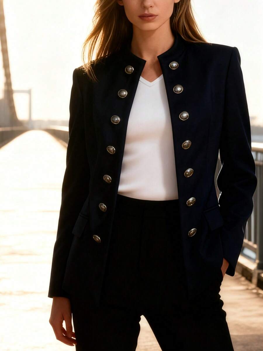 Metal Double-Breasted Stand Collar Suit! Premium Fit, Slimming And Suitable For All Body Types, Super Easy For Daily Matching,Elegant Double-Breasted Blazer For Women - Casual Work Jacket For Women. This Stylish Long-Sleeved Jacket In Black Polyester With Flap Pockets Is Perfect For The Office Or A Casual Chic Look. Work Jackets | Double-Breasted Jackets | Polyester Blazer - 藍色 - 查看 1