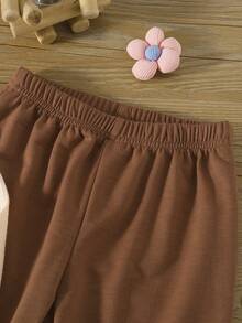 2 件女童休闲蝴蝶结柔软舒适华夫格针织长袖上衣和喇叭裤套装，适合户外穿着，秋冬