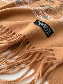 1pc Women's Autumn/Winter Faux Cashmere Embroidered Scarf, Thick Warm Tasseled Embroidered Bohemian Style Travel Shawl Poncho - Camel - View 4