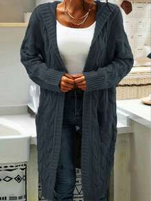 1pc Cable Knit Hooded Cardigan,Ladies Late Fall Casual Cable-Knit Drop Shoulder Hooded Loose Dark Grey Plain Women Cardigans,Casual Daily Wear,Long Sleeve Tops - Dark Grey - View 2