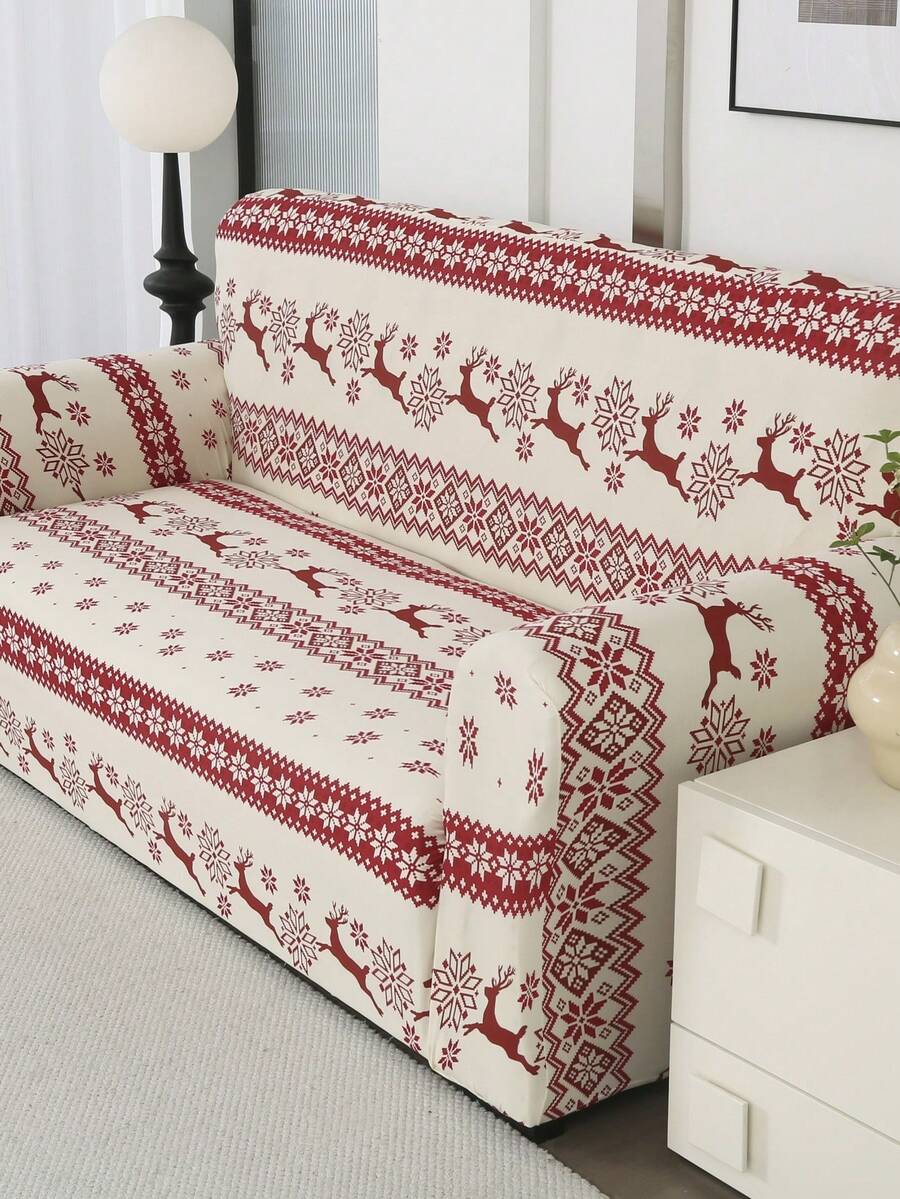 1 pieza Funda de sofá con tema navideño, decoración de fiesta festiva - Tela suave y elástica adecuada para restaurantes, apartamentos, dormitorios, hoteles, decoración navideña del hogar, decoración navideña, decoración festiva, decoración estacional, ajuste ceñido, decoración de dormitorio