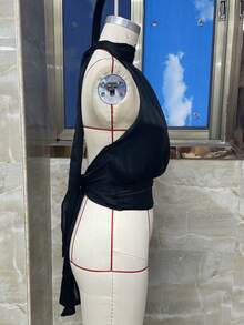 Women's Halter Pleated Chiffon Tank Top Sleeveless Neckline Tie-Up Open Back Tie Casual Blouses 2025 Summer Tops - 橘色 - 查看 7