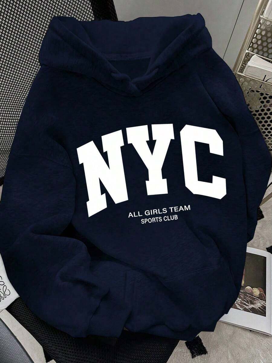 2025 HoodiesWomen's Slogan Print Thermal Lined Casual Loose Fit Hoodie Sweatshirt, Autumn/WinterLoose And Comfortablewinter Clothes For Women - 藏蓝色 - 查看 1