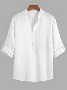 Plus Size Men's Breathable Casual Solid Color Mandarin Collar Button-Up Long Sleeve Shirt With Cuff Design, Loose Fit Lightweight, Paired With Solid Color Pants, Ideal For Outings And Commuting, 2-Piece Set