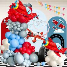 109件套复古喷气式飞机主题气球拱门套装，包含2个喷气式飞机铝箔气球、红色、白色和蓝色乳胶气球，适用于生日、周年纪念派对、纪念日和飞机主题公共活动装饰。 - 彩色 - 查看 5