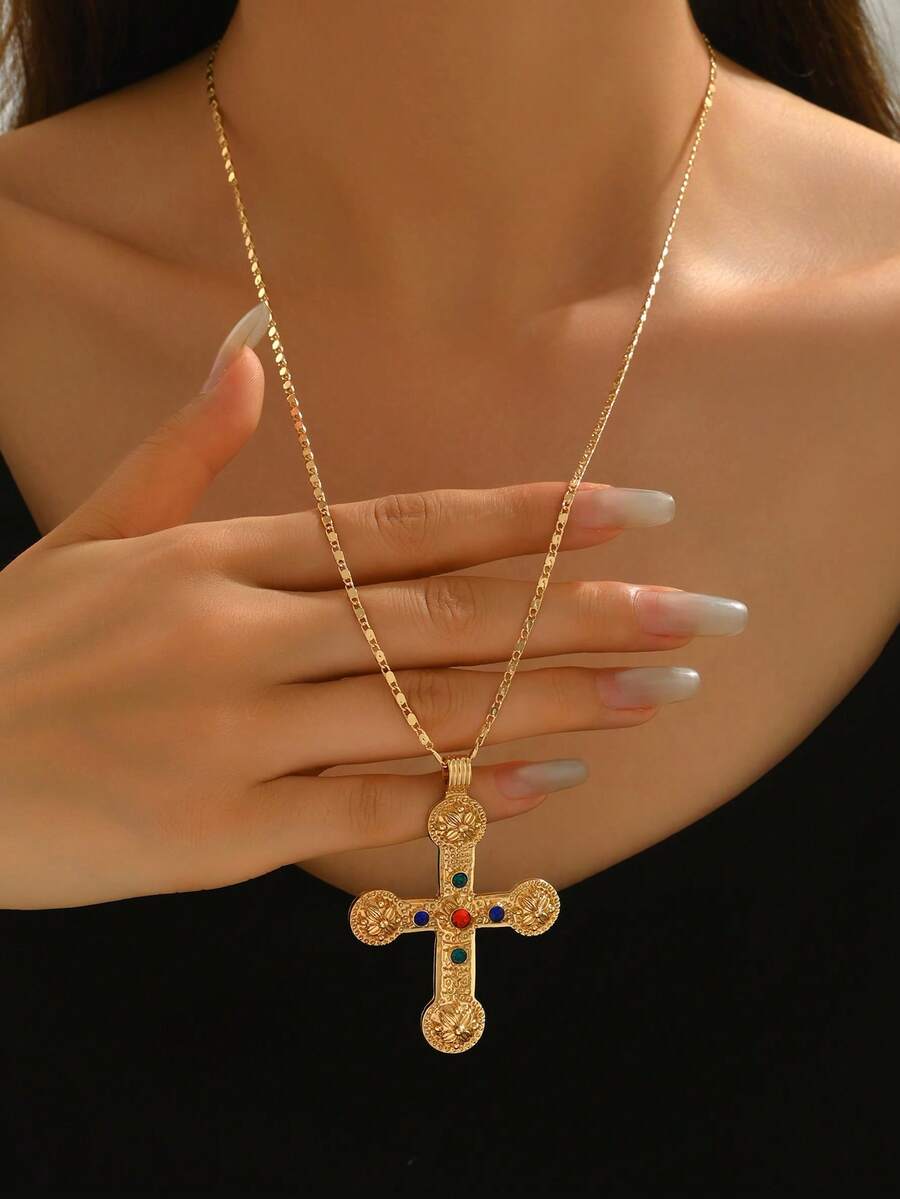1pc European & American Ins Style Alloy Colorful Gemstone Cross Pendant Necklace, Suitable For Women's Daily Wear