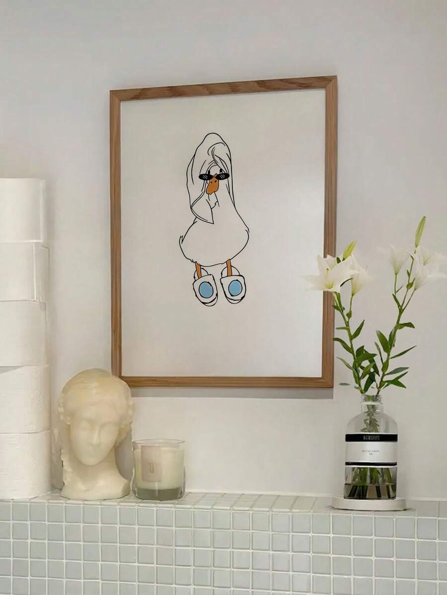 1幅趣味鸭子帆布艺术画，幽默浴室墙面装饰，复古农舍风格，乡村鸭子头巾艺术，时尚家居装饰，客厅，卧室，办公室帆布海报，无框 - 彩色 - 查看 1