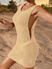 女式夏季波西米亚风性感镂空休闲透视无袖修身露背短款罩衫连衣裙 - 杏色 - 查看 3