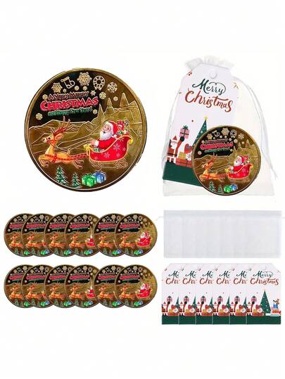 18pcs Christmas Gift Set, Santa Claus Reindeer Commemorative Coin Gift, Hang Tag Gauze Bag Set, Christmas Party Gift For Guests, Gift Return Gift Set, Coin Collection