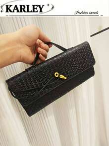 1个PU皮革女士手提包，鳄鱼纹压花小方包，锁扣手拿包，横纹石纹法棍包，复古小巧斜挎单肩包，休闲通勤迷你包（纹理随机） - 黑色 - 查看 8