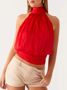 Women's Halter Pleated Chiffon Tank Top Sleeveless Neckline Tie-Up Open Back Tie Casual Blouses 2025 Summer Tops - Đỏ - Xem 5