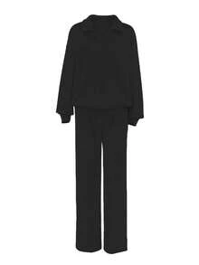 Plus Size Women 2 Pieces Outfit, Casual Sweatshirt And Wide Leg Pants Set, Pink, Suitable For Autumn/Winter, School, Outings Black - Black - View 5