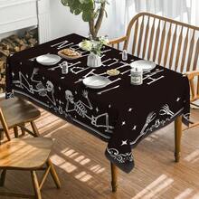 Halloween Tablecloth 52*70 Inch Rectangular Spooky Skeleton Skull Star Black Washable Seasonal Table Cover For Party Picnic Dinner Decor