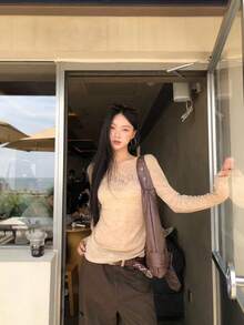 2025 新款秋季女式长袖修身 T 恤，时尚独特高端休闲上衣