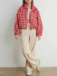 Women's Cropped Checkered Sherpa Jacket Fuzzy Fleece Zip Up Hooded Winter Lounge Coat - 紅色 - 查看 1
