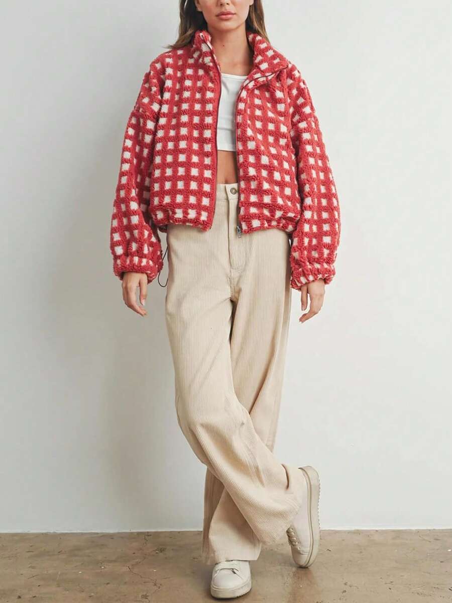 Women's Cropped Checkered Sherpa Jacket Fuzzy Fleece Zip Up Hooded Winter Lounge Coat - 紅色 - 查看 1