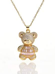 1pc Fashionable Elegant Cute Copper Inlaid Zirconia Bear Pendant Necklace, Jewelry For Women, Suitable For Daily Wear And Party/Holiday Style, Valentine's Day Couple Gift
