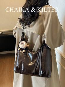 1 pièce Sac à épaule en forme de croissant en cuir PU de couleur unie pour femmes, mode vintage, avec poignée supérieure, fermeture éclair, bandoulière réglable, convient pour un usage quotidien et extérieur (avec pendentif)