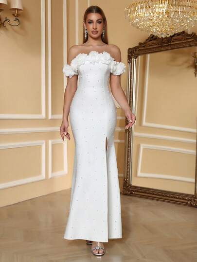  Love Aing Women's Elegant And Luxurious Handmade Beaded Floral Dress, Romantic And Luxurious, Suitable For New Year, White Fashion Bandage Evening Gown, Elegant Cocktail, Semi-Formal, Prom, Wedding Guest Dress, Suitable For Party, Gala, New Year, Date, Singles Party, Gathering, Prom, Graduation Ceremony, Formal Occasion Evening Gown