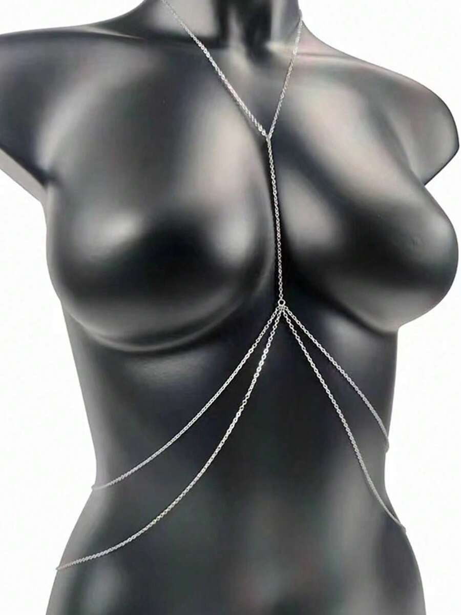 1pc Fashionable Multilayer Body Chain Necklace, Versatile Waist Chain & Chest Chain Accessory - Silver - View 1