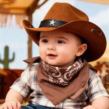 Babykostüm im Western-Cowboy-Stil - stilvoller brauner Ledercowboyhut + retrobedrucktes Lätzchen, süßer Kinderfotorequisit, unisex für Baby Jungen und -mädchen, Neugeborenen-Modeoutfit, -tauglich, Baby-Shower/Geburtstags-Geschenk, Baby-Fotorequisit