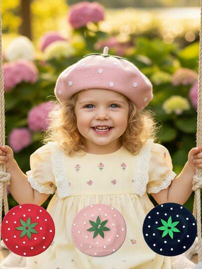 1 peça de chapéu boina infantil de morango, boné de artista para meninas, adequado para uso diário, outono/inverno