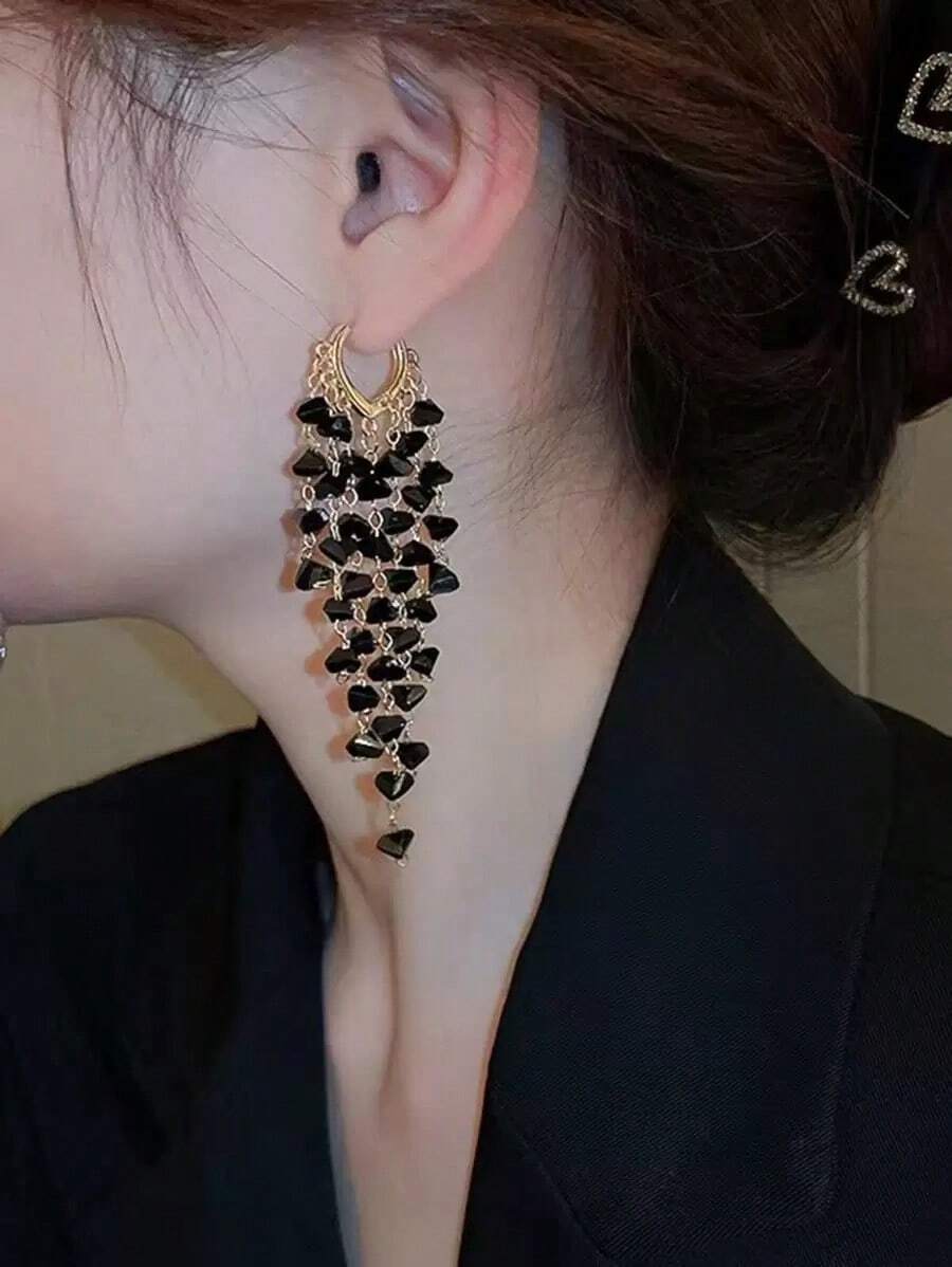 1pair Glamorous Black Rhinestone Tassel Drop Earrings For Women For Party, Exquisite Valentine's Day Gift Valentines,Mom,Mother,Mother's Day,Gift - Nhiều màu - Xem 1