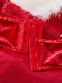 3pcs/Set Women's Red Fuzzy Velvet Bodysuit With Furry Waist Belt, SexySpaghetti Strapr Romper For Christmas Bunny Role Play, Outdoor Party, Music Festival