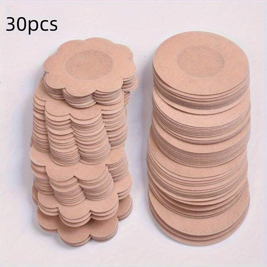 30 Pieces Of Ultra-Thin Disposable Nipple Covers - Breathable Non-Woven Fabric Material, Anti-Bulge Design, Round And Floral Shapes, Seamless Fashion Accessory Suitable For Clothing, Swimwear, And Wedding Photography - tròn - Xem 1