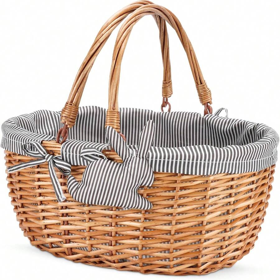 Oval Picnic Basket With Folding Handles, Willow Hand Woven Shopping Basket, Bath Toy Toy Storage Gift Packing Basket, Wicker Empty Easter Eggs And Candy Small Gift Basket. Grey,24515596 - 金色 - 查看 1