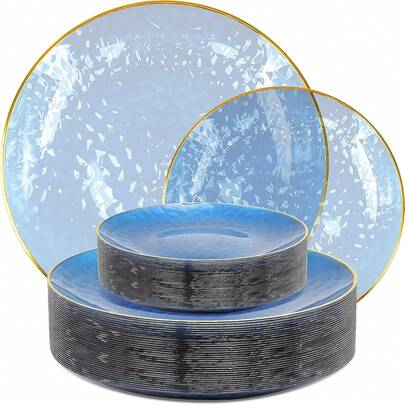 50/25/12pcs Blue Rim Plastic Plates - Elegant Transparent Blue With Gold Rim Plastic Dinnerware - Hammered Pattern Design Plates, Platters For Serving Snacks, Dishes, Steak, Pasta, Cake, Fruit Etc. - Suitable For Outdoor Picnic, Birthday, Wedding Party, Family Gathering, School Party, Christmas Party Decor, Thanksgiving Dinner