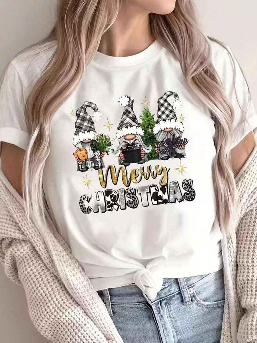 Camiseta navideña de mujer con cuello redondo y manga corta, diseño holgado y casual con estampado de Papá Noel, renos y gorros navideños. Ideal para las fiestas, vacaciones o viajes durante la Navidad. Su tela suave y ligera brinda comodidad y un estilo festivo encantador. - Blanco - Ver 1